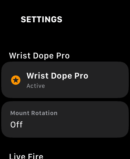 Wrist Dope Settings on Apple Watch showing the Wrist Dope Pro section with an Active membership row and Mount Rotation set to Off