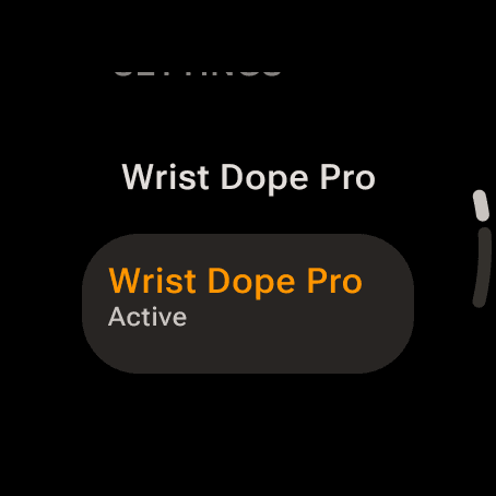 The top of the Wrist Dope Settings page on a Wear OS watch: the Wrist Dope Pro heading and its row reading Active