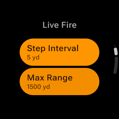The Live Fire group in the watch's Settings: Step Interval at 5 yd and Max Range at 1500 yd