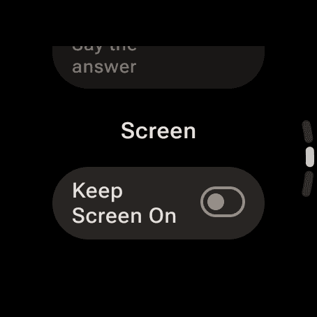 Wrist Dope watch Settings on Wear OS showing the Screen section with the Keep Screen On switch