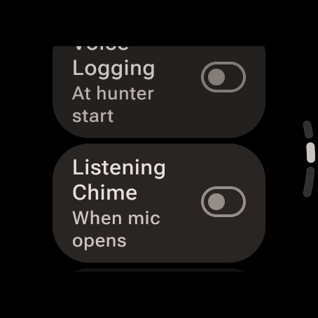 The Voice group in the watch's Settings: Voice Logging, at hunter start, and Listening Chime, when the mic opens, both switched off
