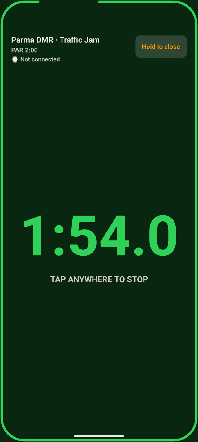 Wrist Dope Android RO mode full screen at 1:54.0 with Tap anywhere to stop, the stage and par at the top, and a Hold to close button
