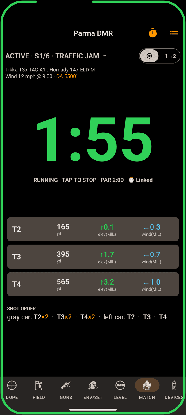 Wrist Dope Android MATCH page running at 1:55 with the line Running, tap to stop, par 2:00, Linked, and a green ring around the whole screen