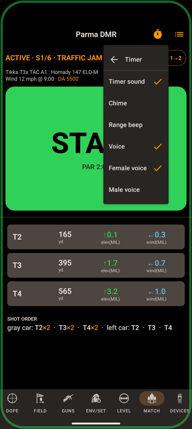 The timer menu on the Android MATCH page opened to Timer: Timer sound checked, Voice picked as the tone, and Female voice checked
