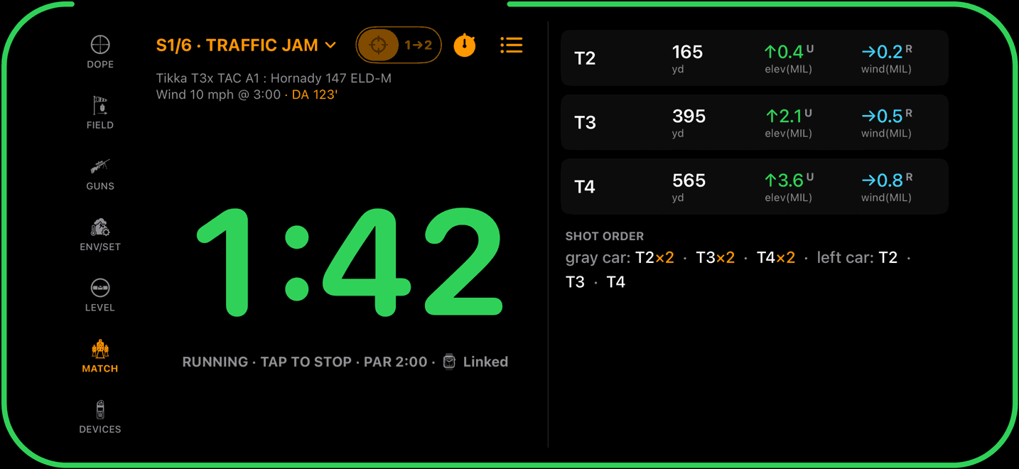 Wrist Dope iPhone in landscape with the running clock on the left half, the stage targets and shot order on the right half, and the page bar as a rail on the left edge