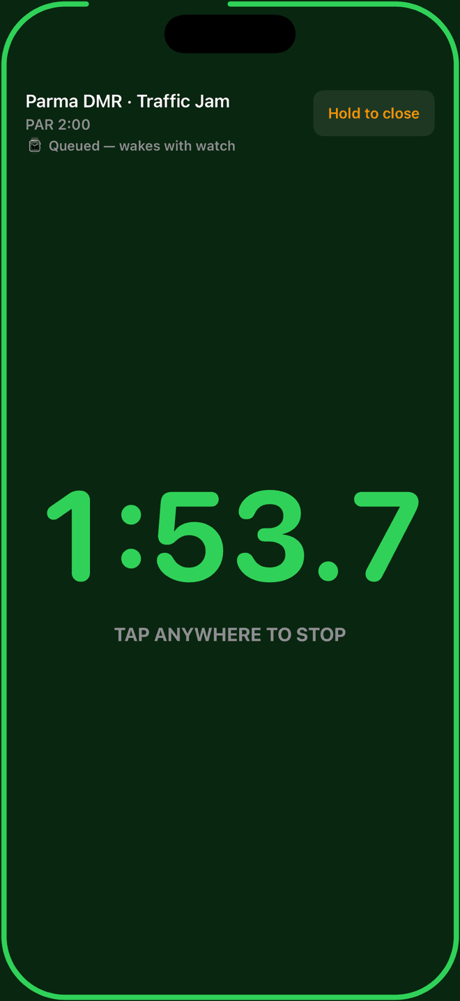 Wrist Dope iPhone RO mode full screen running at 1:53.7 with Tap anywhere to stop and a Hold to close button