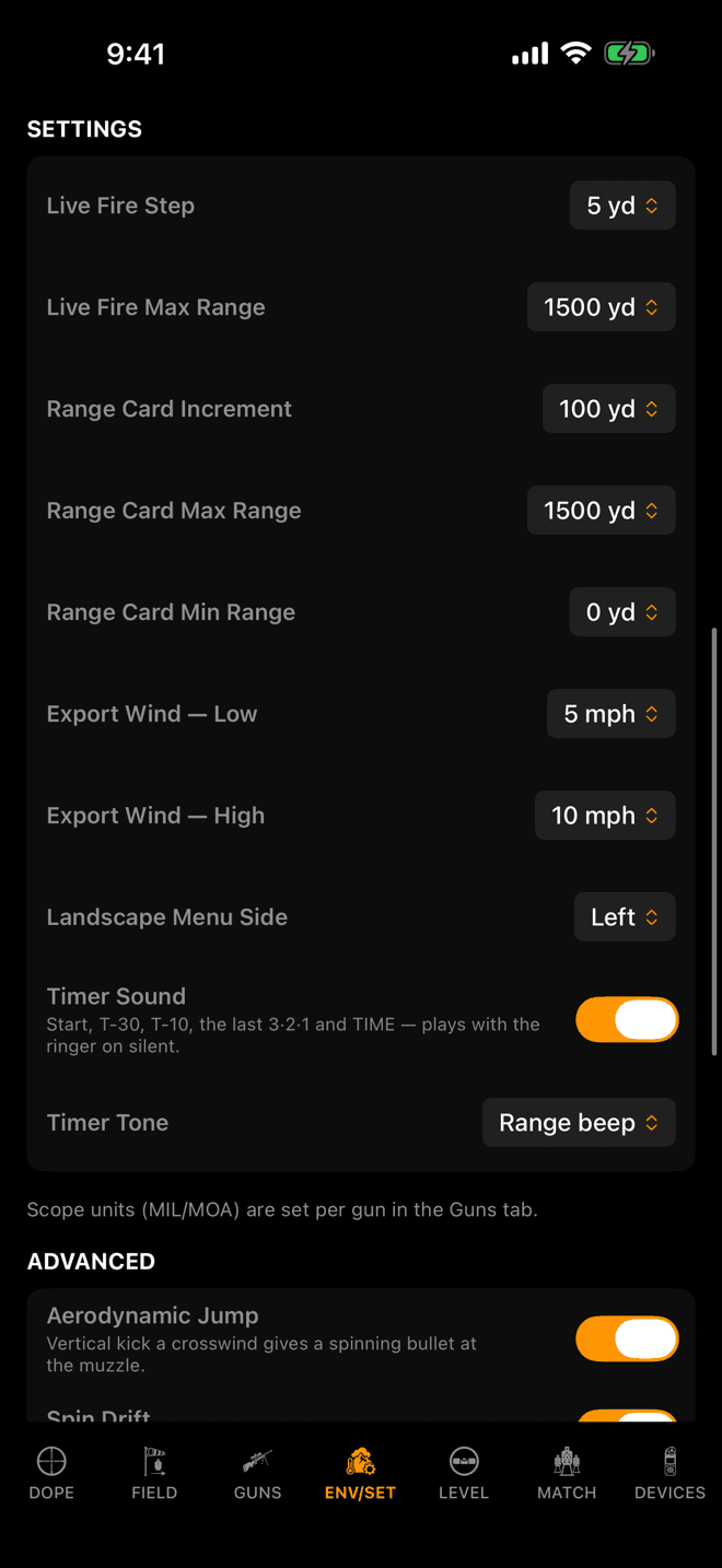 Wrist Dope ENV/SET page on iPhone, SETTINGS group, with Timer Sound switched on and Timer Tone set to Range beep under Landscape Menu Side