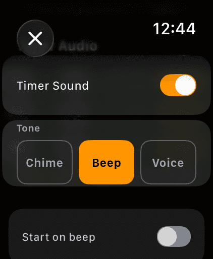 Wrist Dope Apple Watch match actions sheet with Timer Sound switched on and the Tone choice Chime, Beep or Voice, with Beep selected