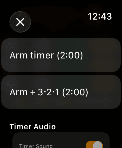 Wrist Dope Apple Watch match actions sheet with Arm timer (2:00) and Arm + 3·2·1 (2:00) at the top