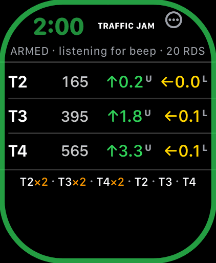 Wrist Dope Apple Watch stage card armed at 2:00 with the line ARMED, listening for beep, 20 rounds
