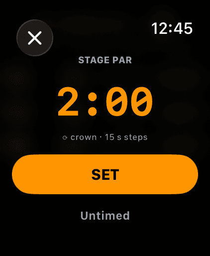 Wrist Dope Apple Watch STAGE PAR picker reading 2:00, with a crown hint of 15 second steps, a SET button and Untimed