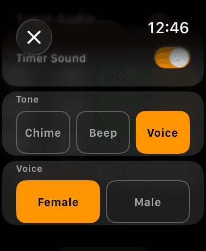 Wrist Dope Apple Watch timer audio settings with the Voice tone selected and a Voice choice of Female or Male, Female selected