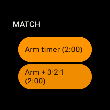 Wrist Dope Wear OS match sheet with Arm timer (2:00) and Arm + 3·2·1 (2:00) buttons