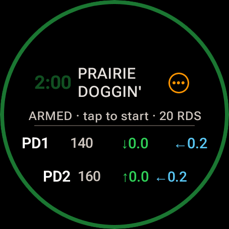 Wrist Dope Wear OS stage card armed at 2:00 for the stage PRAIRIE DOGGIN’, the line ARMED, tap to start, 20 rounds, and a dim green ring
