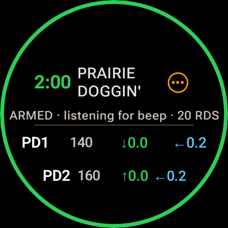 Wrist Dope Wear OS stage card armed at 2:00 with a bright green ring and the line ARMED, listening for beep, 20 rounds