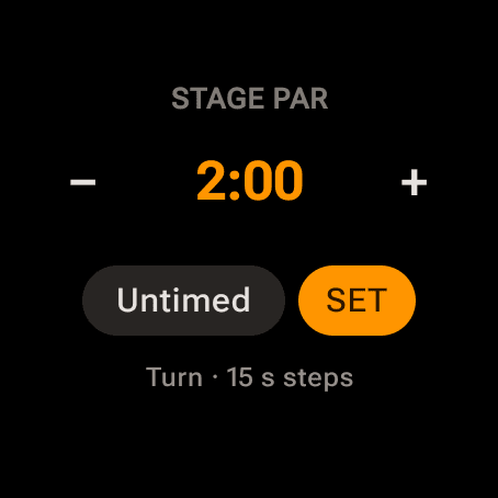 Wrist Dope Wear OS STAGE PAR picker reading 2:00 with minus and plus, Untimed and SET buttons, and the hint Turn, 15 s steps
