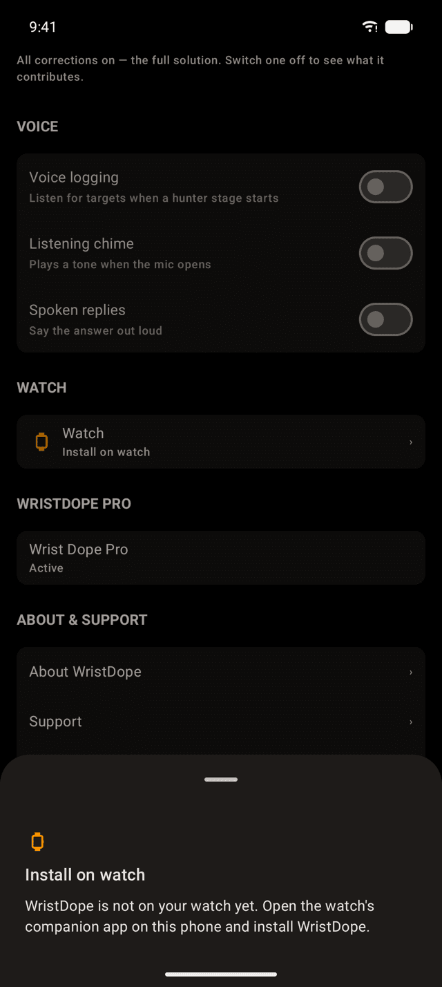 Wrist Dope ENV/SET on an Android phone with the WATCH row reading Install on watch and its sheet saying to install WristDope from the watch companion app