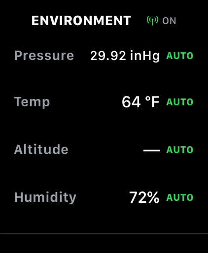 Wrist Dope ENVIRONMENT screen on Apple Watch showing pressure 29.92 inHg, temperature 64 degrees Fahrenheit, altitude, and humidity 72 percent, each marked AUTO