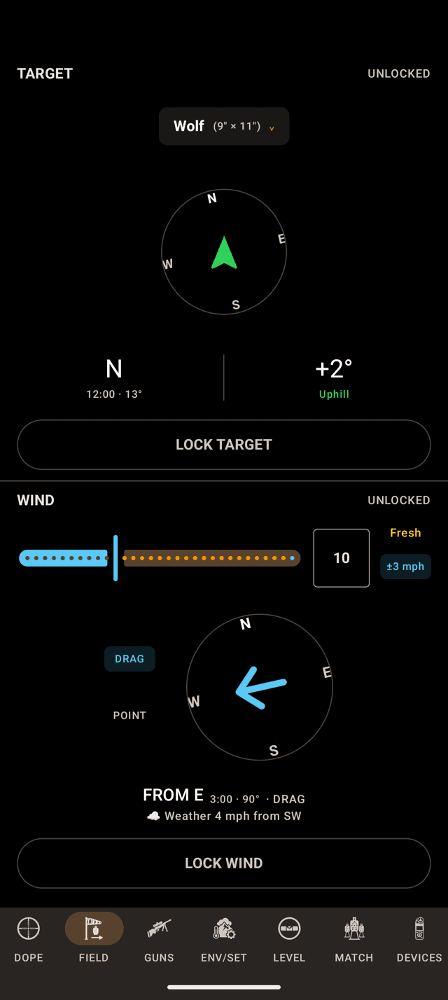 Wrist Dope FIELD page on an Android phone with the TARGET pane unlocked, a Wolf 9 by 11 inch preset selected, a green compass arrow, and the WIND pane below at 10 mph