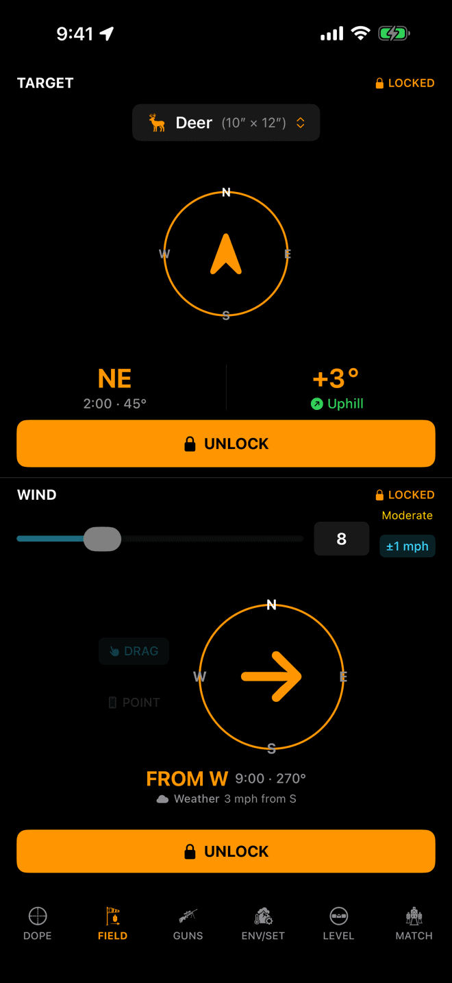 Wrist Dope FIELD page on iPhone with both TARGET and WIND locked, shown in orange, reading NE 2 o'clock and FROM W 9 o'clock at 8 mph