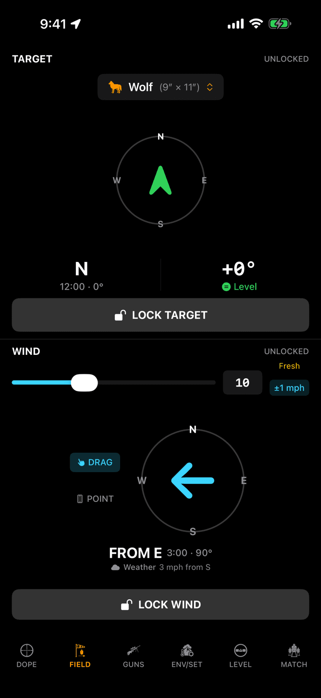 Wrist Dope FIELD page on iPhone with the TARGET pane unlocked, a Wolf 9 by 11 inch preset selected, and a green compass arrow