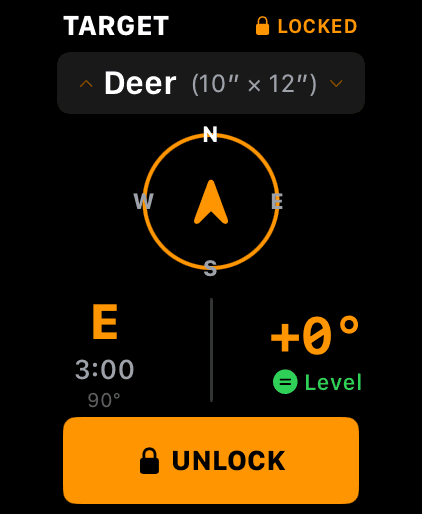 Wrist Dope TARGET page on Apple Watch, locked, showing a Deer preset, a bearing of E 3:00 90 degrees and a level shot angle