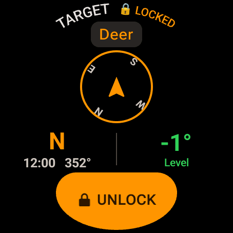 Wrist Dope TARGET page on a Wear OS watch, locked, showing a Deer preset, a bearing of N 12:00 352 degrees and a level shot angle, with an orange UNLOCK button