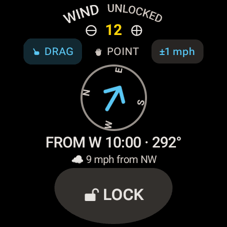 Wrist Dope WIND page on a Wear OS watch, unlocked, showing 12 mph between minus and plus buttons, DRAG and POINT buttons, a plus or minus 1 mph confidence chip, FROM W 10:00 292 degrees, and a weather line reading 9 mph from NW