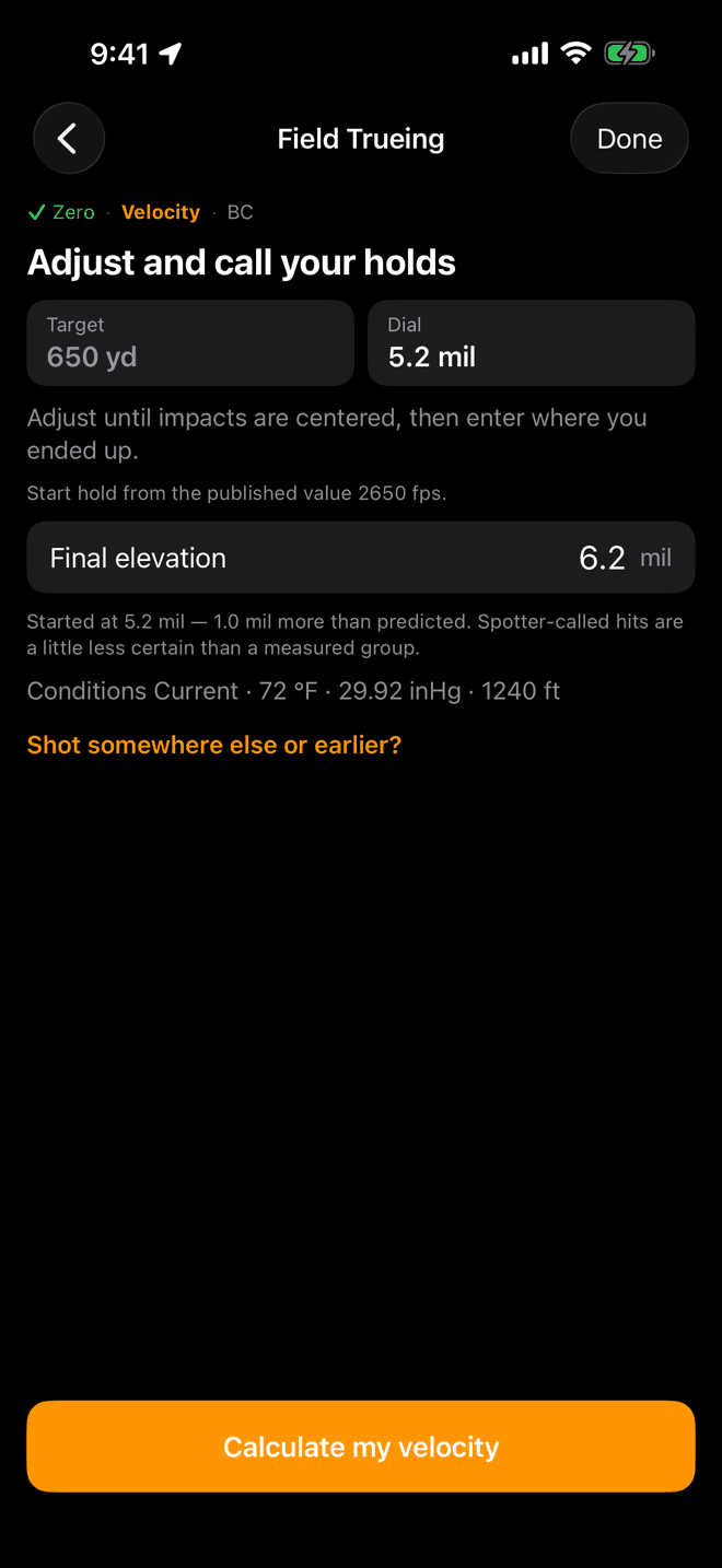 Adjust and call your holds screen with a Final elevation field reading 6.2 mil and a note that it started at 5.2 mil, 1.0 mil more than predicted