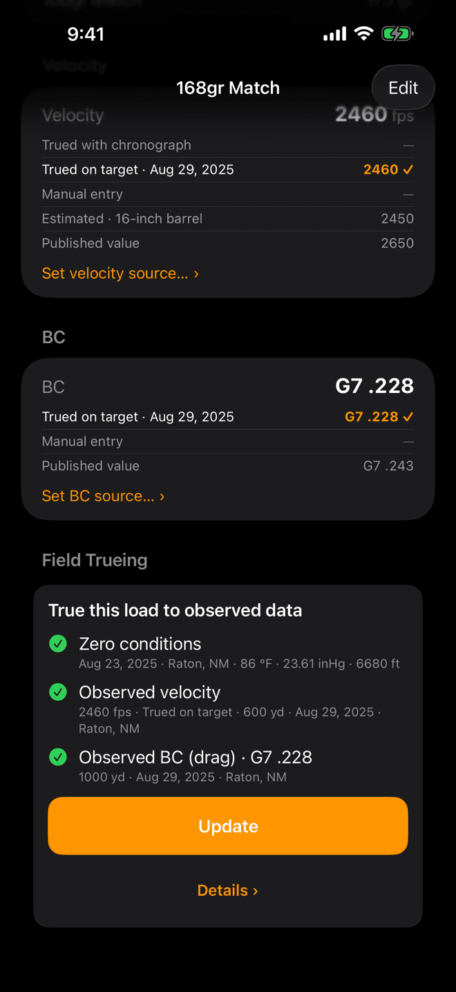 Load page after trueing with the velocity ladder showing Trued on target 2460 in use, the BC ladder showing G7 .228, and the Field Trueing card with three green checks, Update and Details
