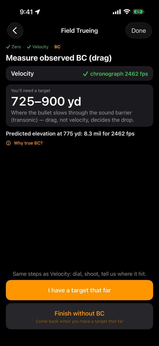 Measure observed BC screen showing velocity confirmed by chronograph, a target range of 725 to 900 yards, the predicted elevation, and buttons for I have a target that far and Finish without BC