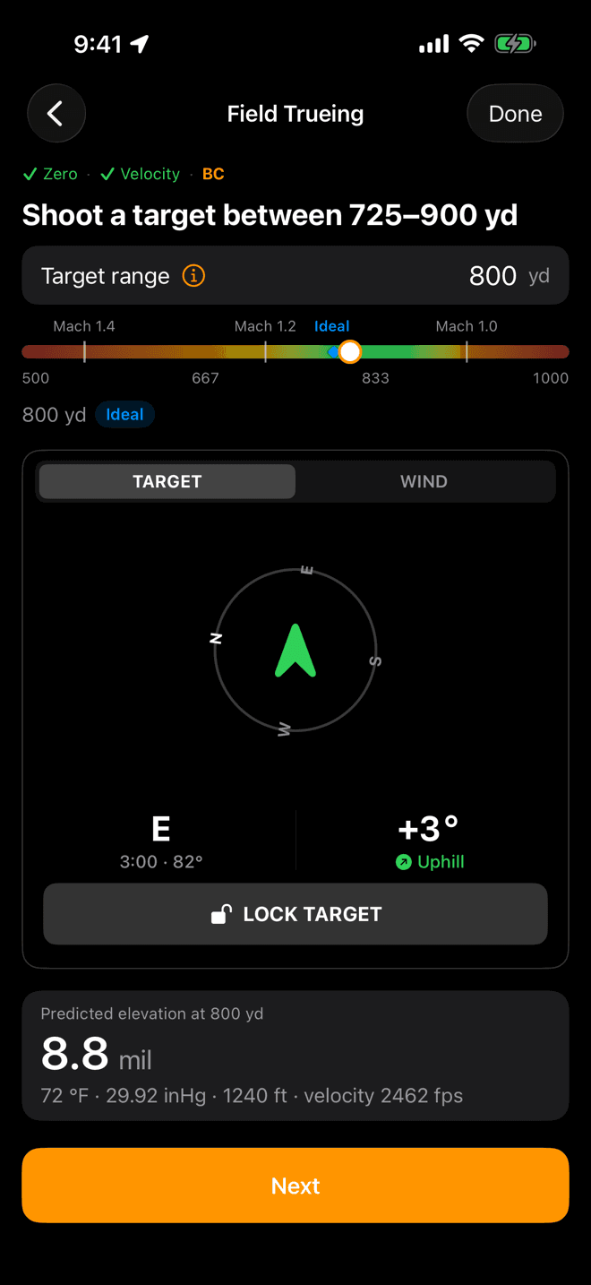 Shoot a target between 725 and 900 yards screen for BC with a range band marked Mach 1.4, Mach 1.2 and Mach 1.0 and an Ideal marker