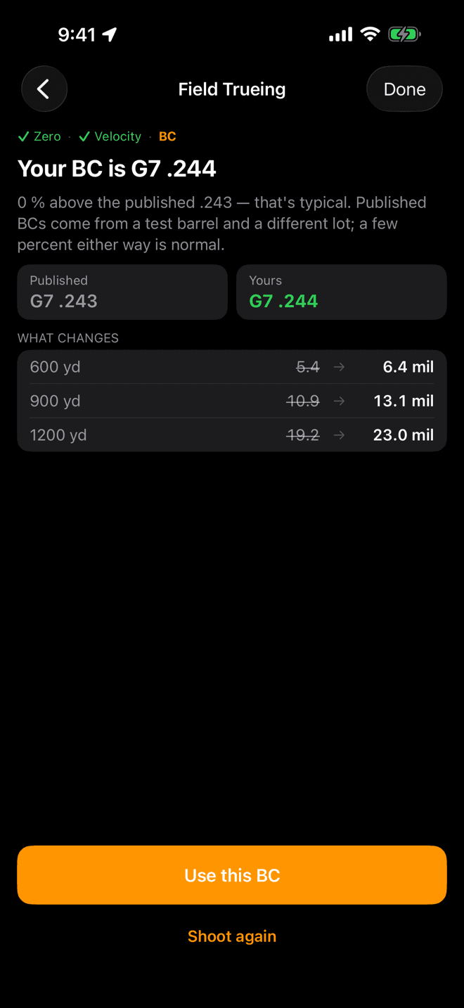 Your BC is G7 .244 result screen with Published and Yours tiles and a What changes table at 600, 900 and 1200 yards