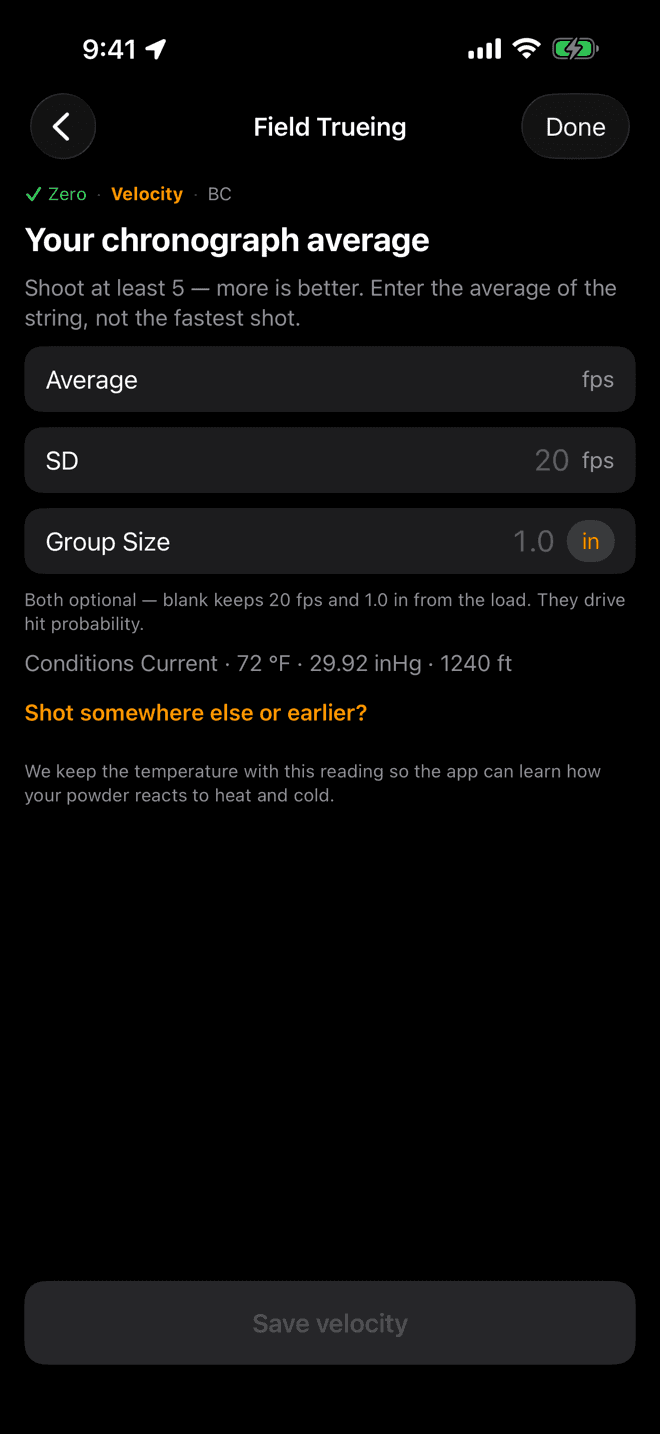 Your chronograph average screen with Average, SD and Group Size fields, a conditions line, and a note that the temperature is kept with the reading