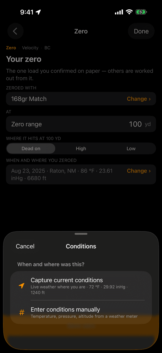 Conditions sheet asking when and where was this, with options to capture current conditions from live weather or enter conditions manually from a weather meter