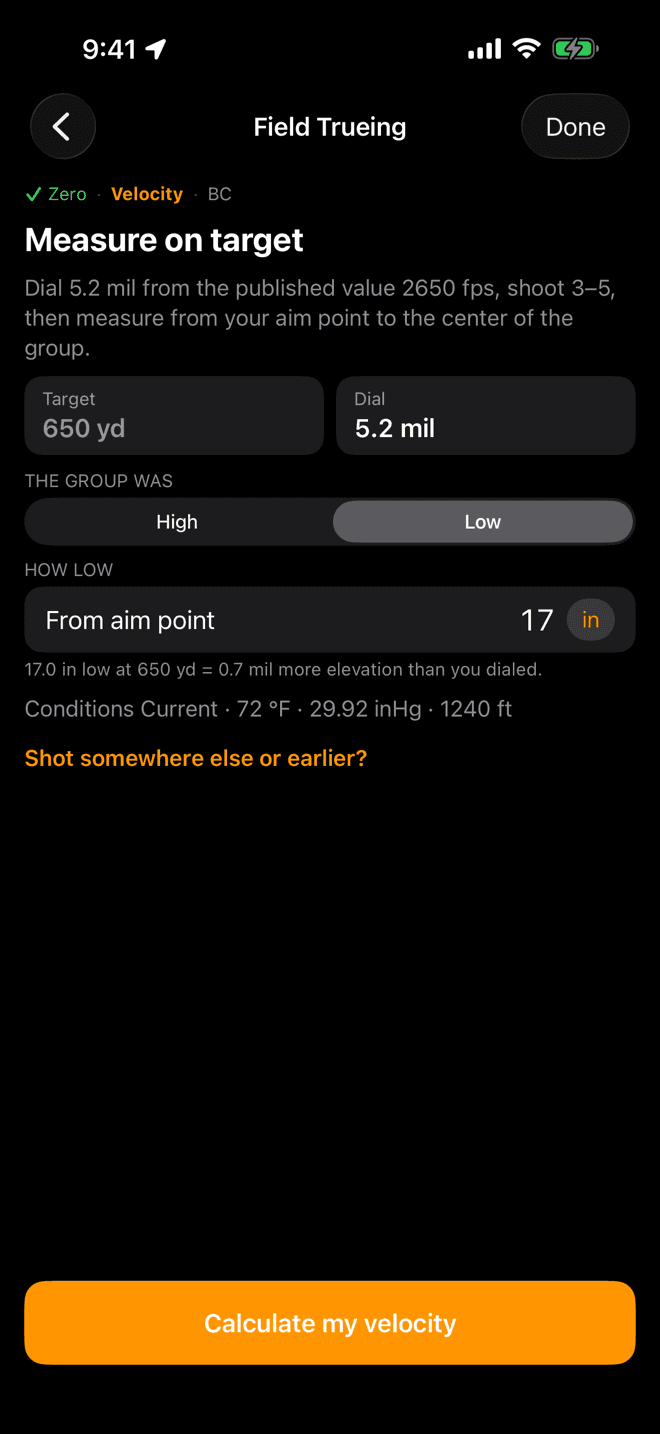 Measure on target screen with the target range and dial tiles, a High and Low segment, a From aim point field reading 17 inches, and a live line converting it to 0.7 mil