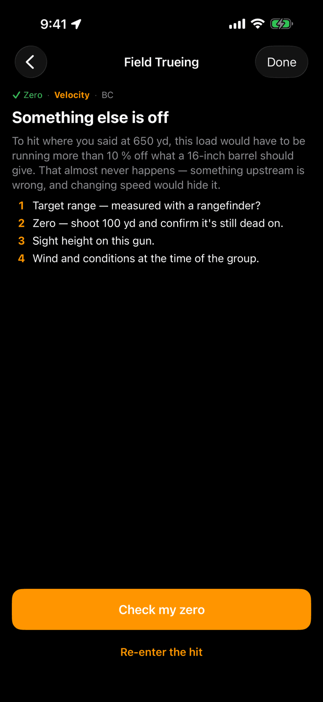 Something else is off screen explaining the load would have to be more than 10 percent off what a 16-inch barrel should give, with a four-item checklist