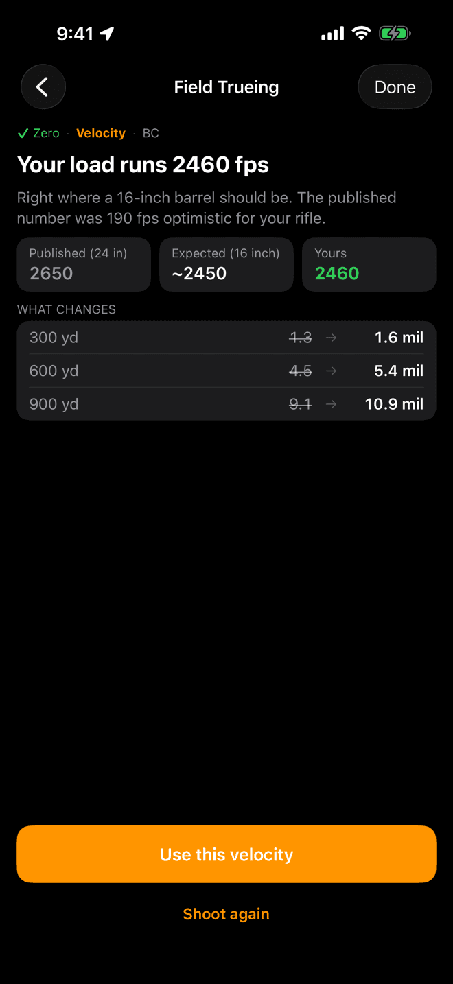 Your load runs 2460 fps result screen with Published, Expected and Yours tiles and a What changes table showing holds at 300, 600 and 900 yards before and after
