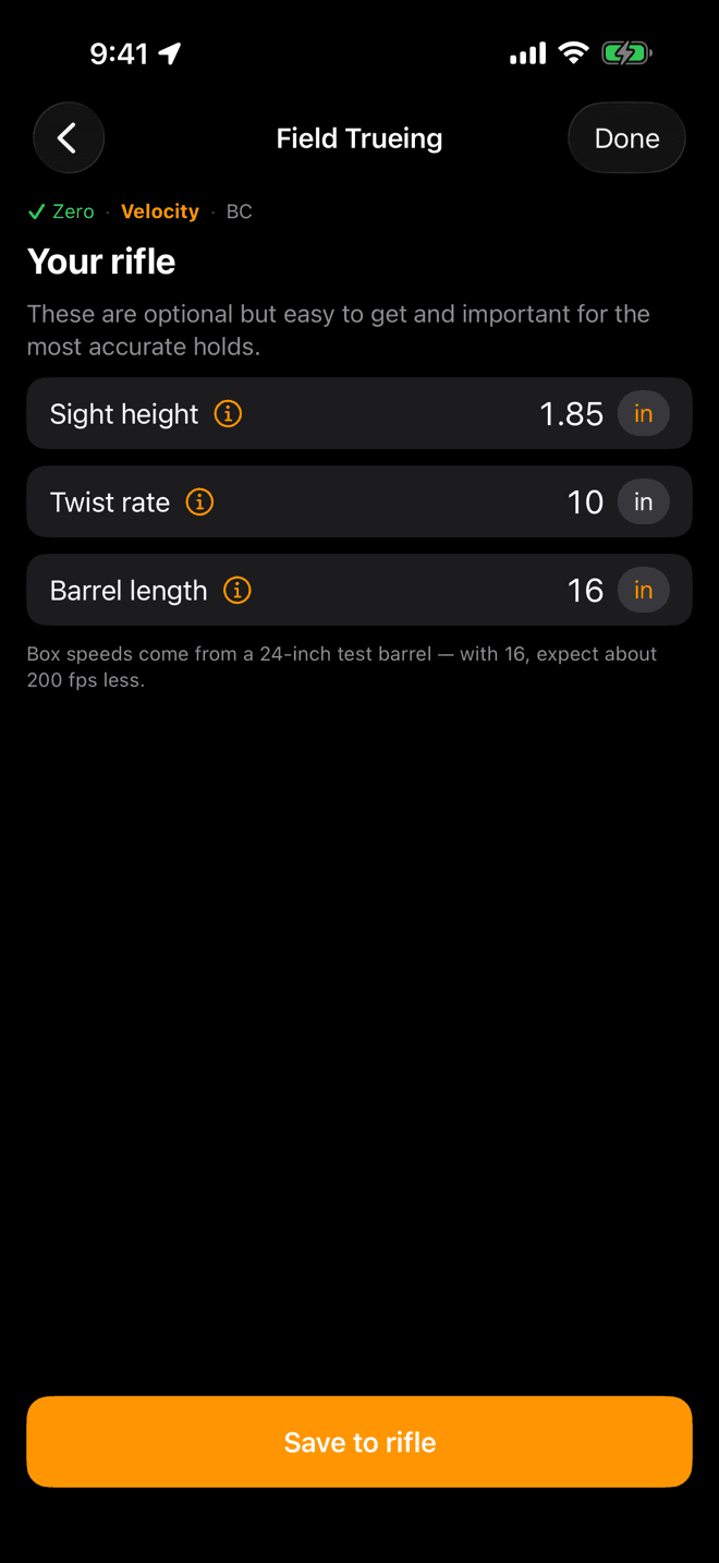 Your rifle screen with sight height, twist rate and barrel length fields, and a note that box speeds come from a 24-inch test barrel so a 16-inch barrel should run about 200 fps less