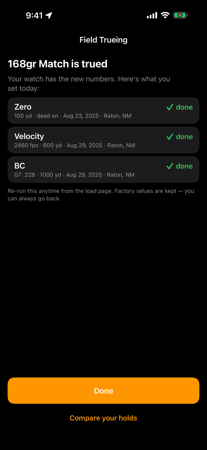 Summary screen reading 168gr Match is trued with three done rows for zero, velocity and BC, a Done button and a Compare your holds link