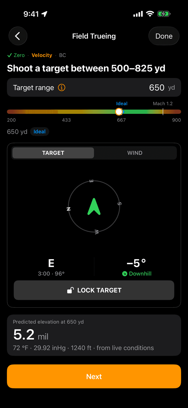 Shoot a target between 500 and 825 yards screen with a target range field, a coloured range band with an Ideal marker, target and wind panes, and the predicted elevation