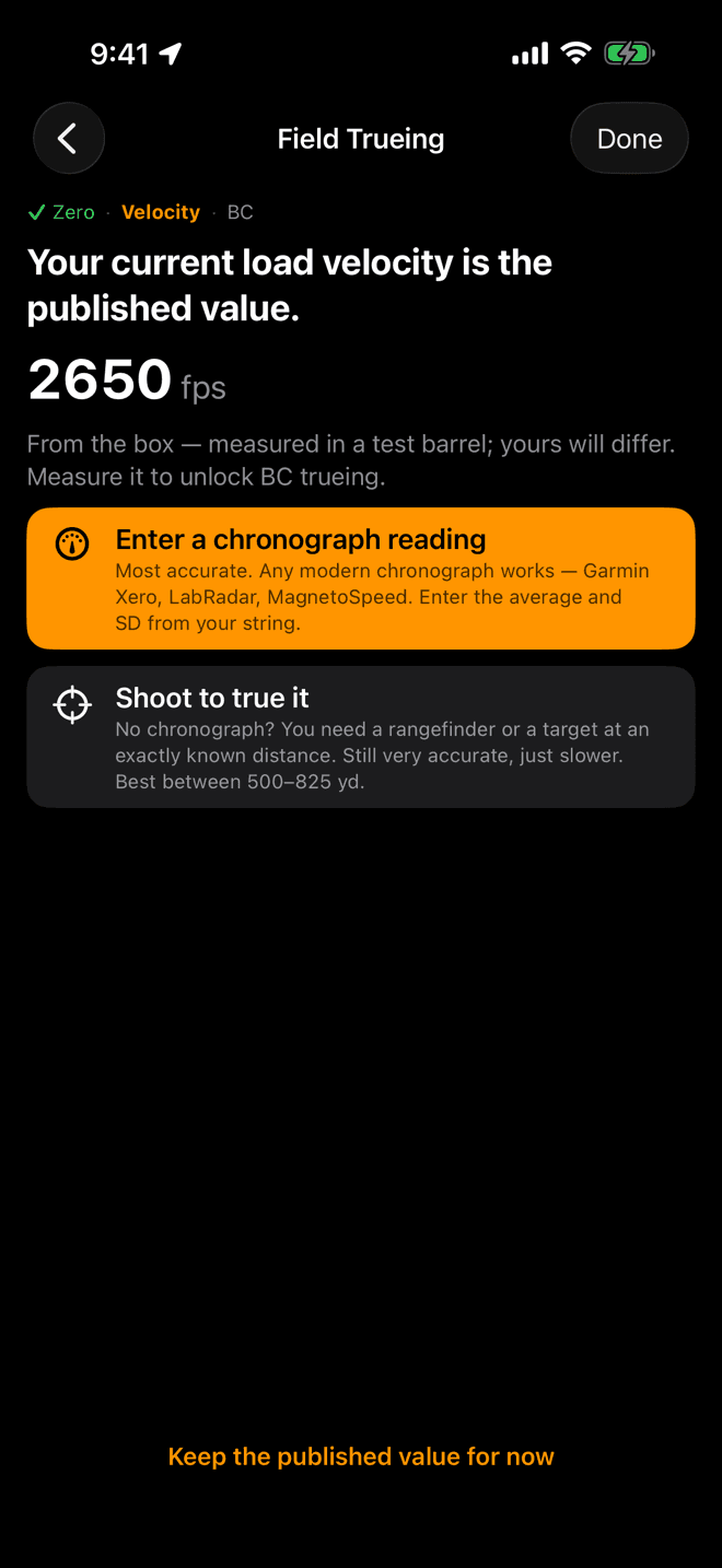 Velocity screen showing 2650 fps from the box with two choice cards, Enter a chronograph reading and Shoot to true it