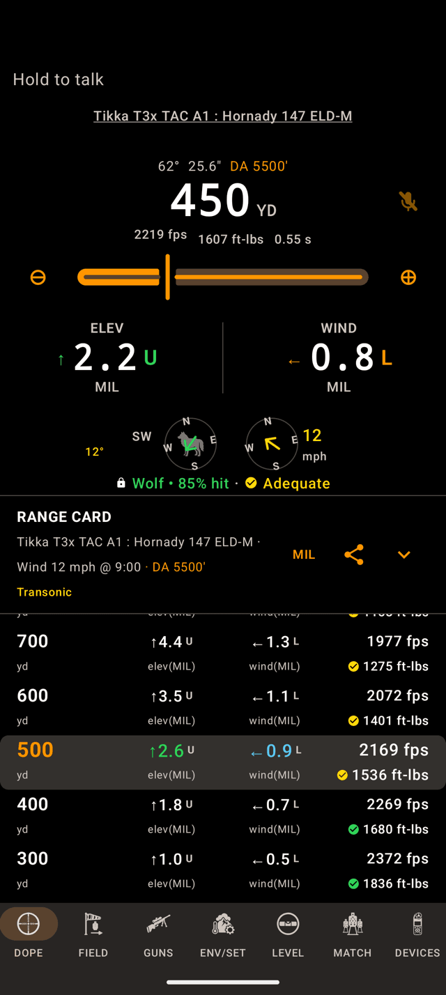Wrist Dope DOPE page on an Android phone at 450 yards with the line Hold to talk at the top after a short tap on the microphone