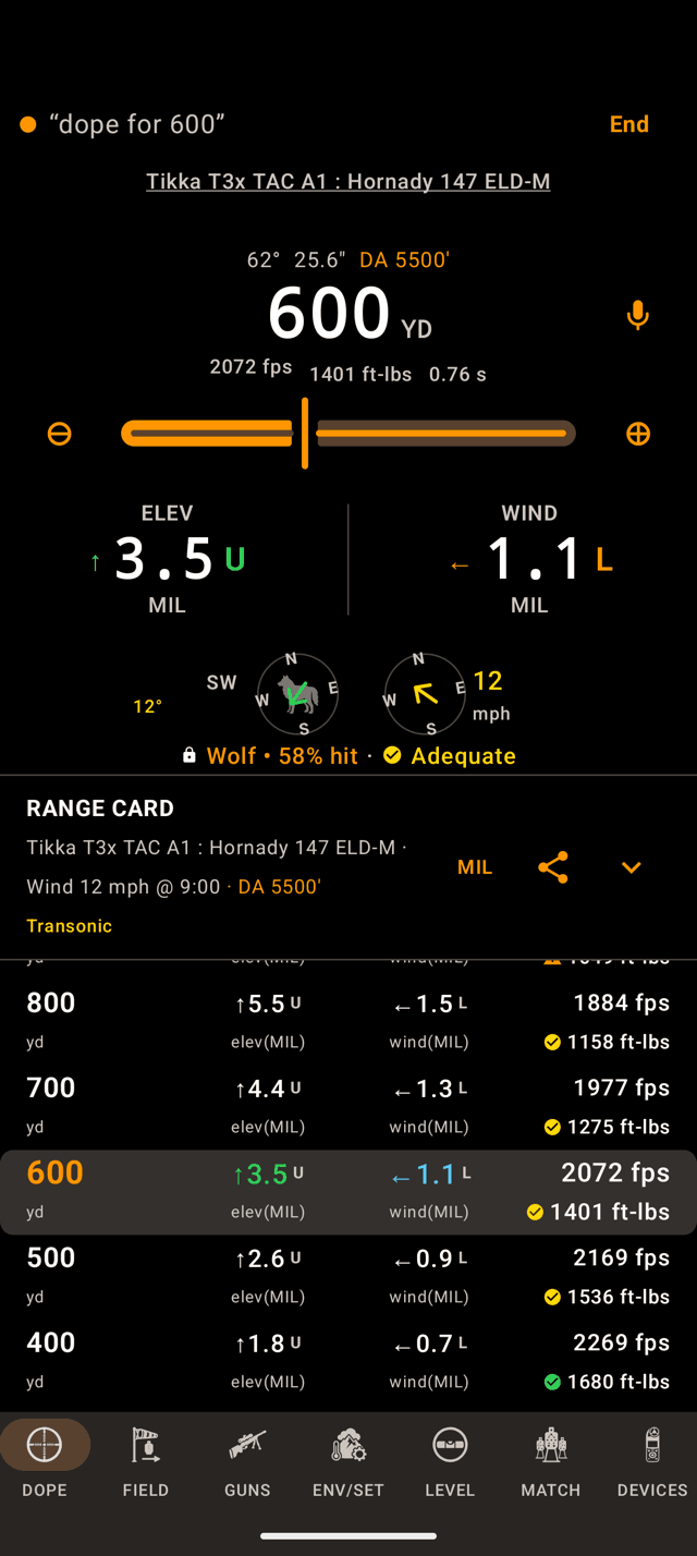 Wrist Dope DOPE page on an Android phone in voice mode, the strip at the top showing dope for 600 and End, with Live Fire dialled to 600 yards