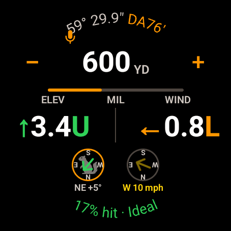 Wrist Dope Live Fire on a Wear OS watch at 600 yards with the microphone glyph lit orange at the top