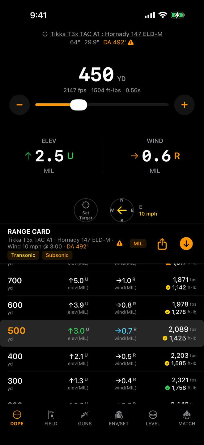 Wrist Dope DOPE page on iPhone at 450 yards showing 2.5 mils up and 0.6 mils right, above the range card