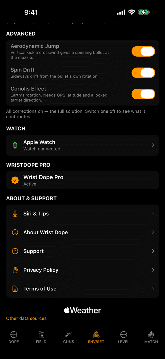 Wrist Dope ENV/SET page on iPhone scrolled to About & Support, with a Siri & Tips row at the top of the list