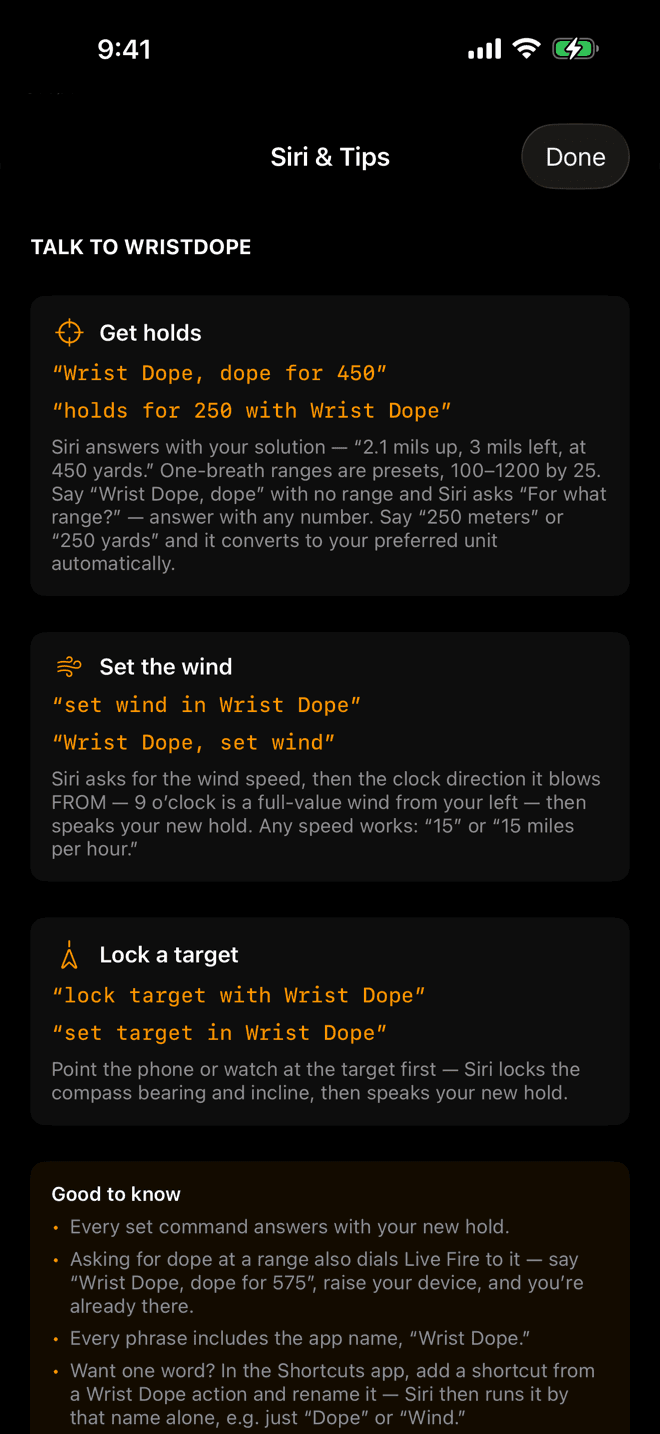The Siri & Tips sheet in Wrist Dope on iPhone, listing the get holds, set the wind and lock a target commands with example phrases