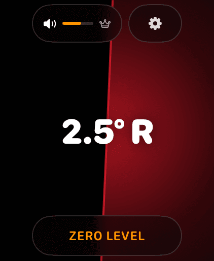 Wrist Dope LEVEL screen showing 2.5 degrees of right cant with a red glow, the sound pill at the top left and the ZERO LEVEL button at the bottom