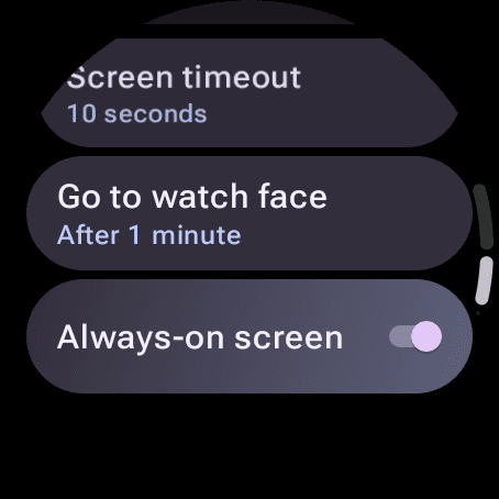 Wear OS Settings, Display, showing Screen timeout 10 seconds, Go to watch face after 1 minute, and the Always-on screen switch